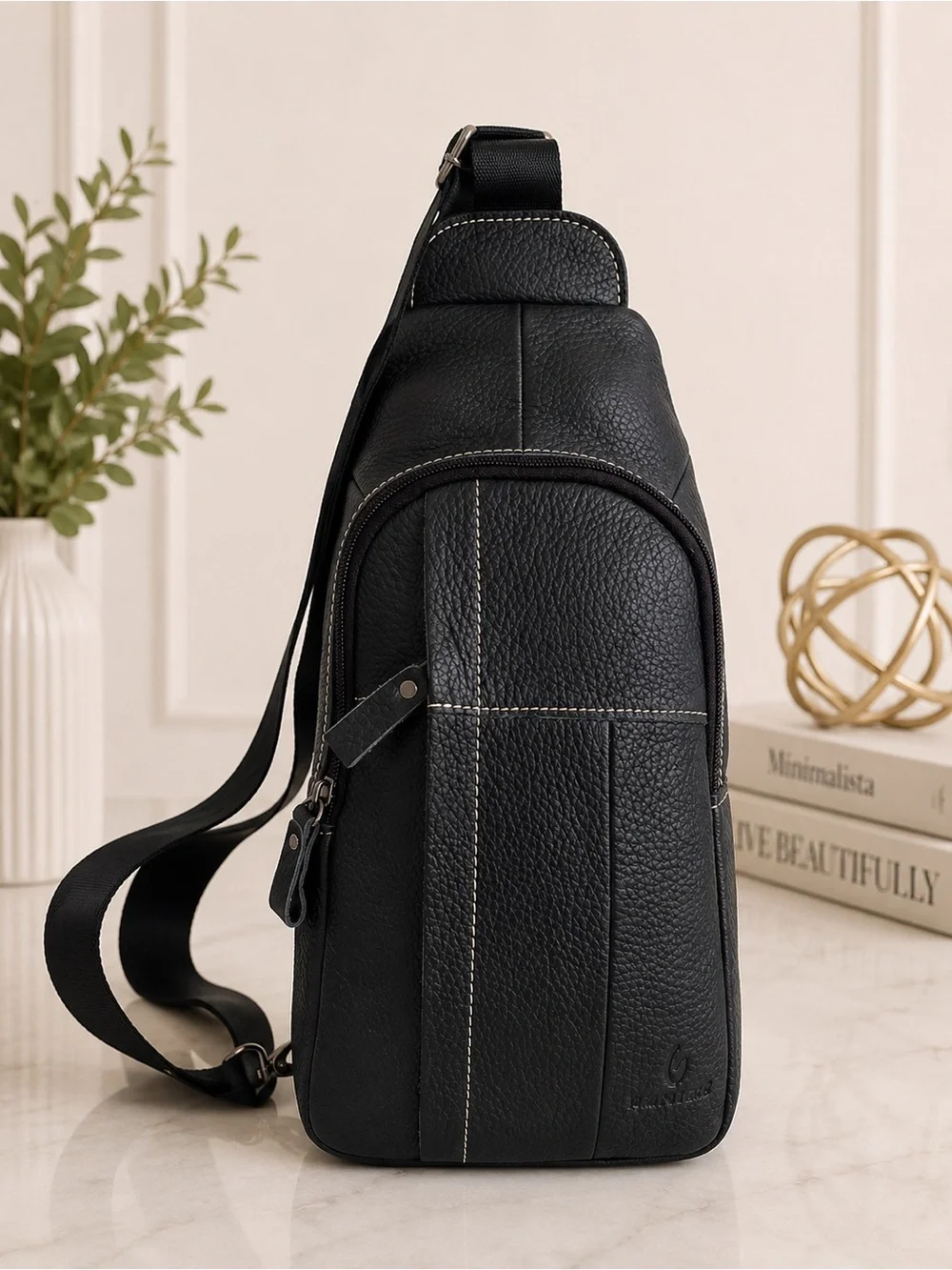 Zznick Black Genuine Leather Sling Bag Crossbody Backpack Chest Pack Travel Bag